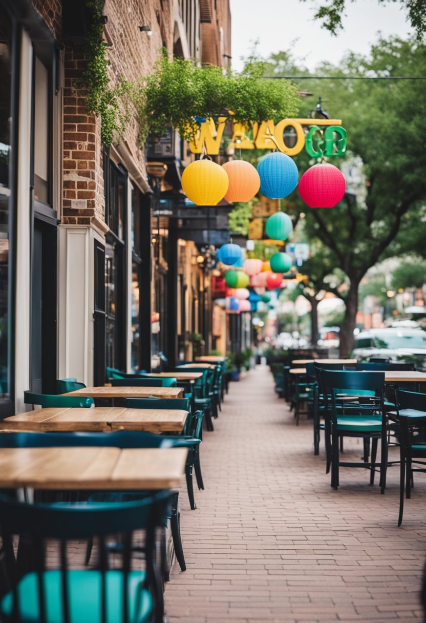A bustling street lined with diverse international restaurants in Waco, Texas, with colorful signs and vibrant outdoor seating