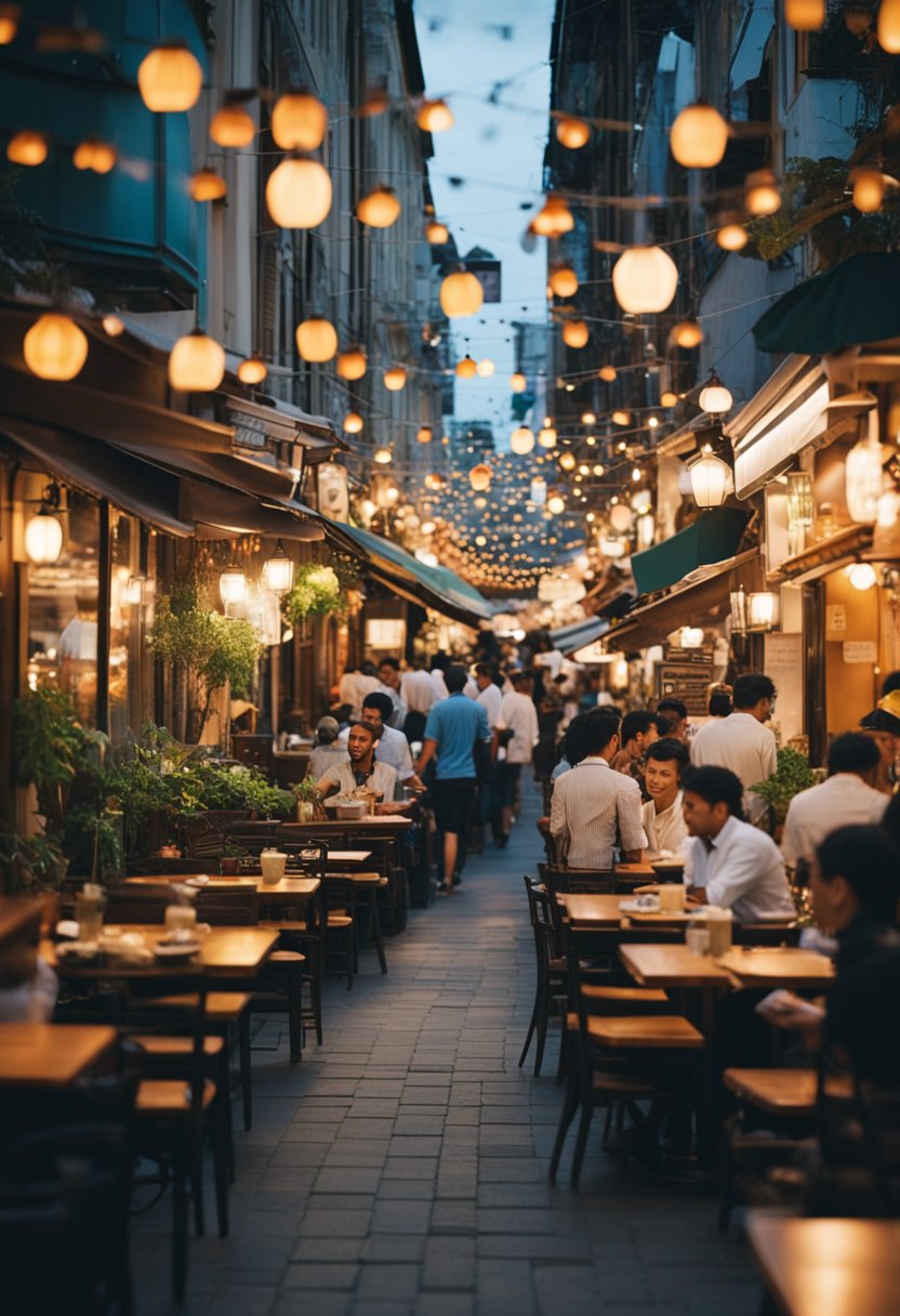 A bustling street lined with diverse international restaurants, each with colorful signage and inviting outdoor seating. A mix of aromas fills the air as people enjoy meals from around the world