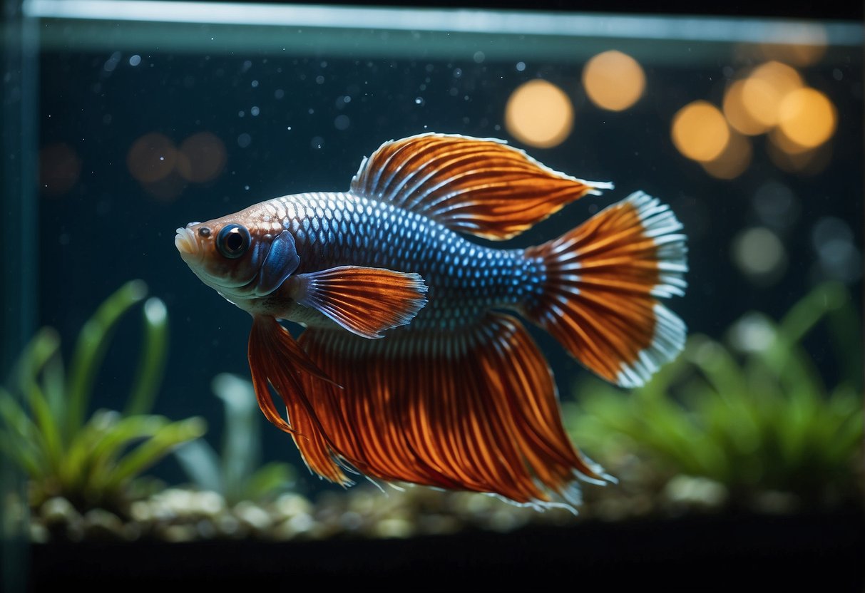 A betta fish swims in a dimly lit tank, its vibrant colors illuminated by a small, gentle light. The tank is clean and free of any hazards, providing a safe and healthy environment for the fish