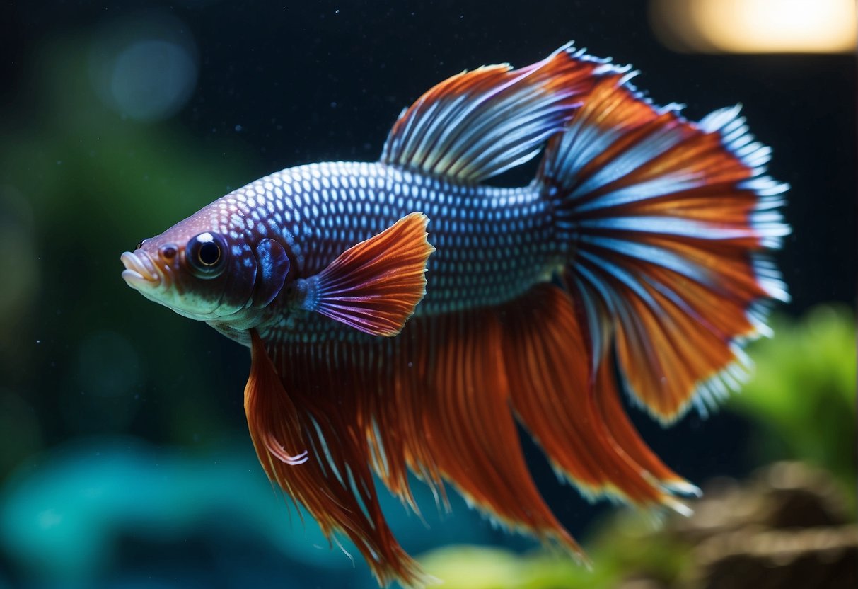 A betta fish swims gracefully in a vibrant, plant-filled aquarium, its colorful fins flowing elegantly as it explores its watery domain