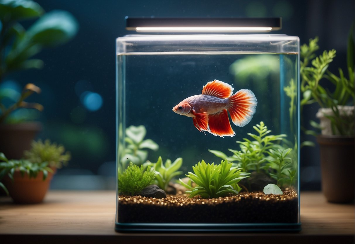 A betta fish swims in a clean, spacious tank with plants and hiding spots. A small net and water testing kit sit nearby for regular maintenance