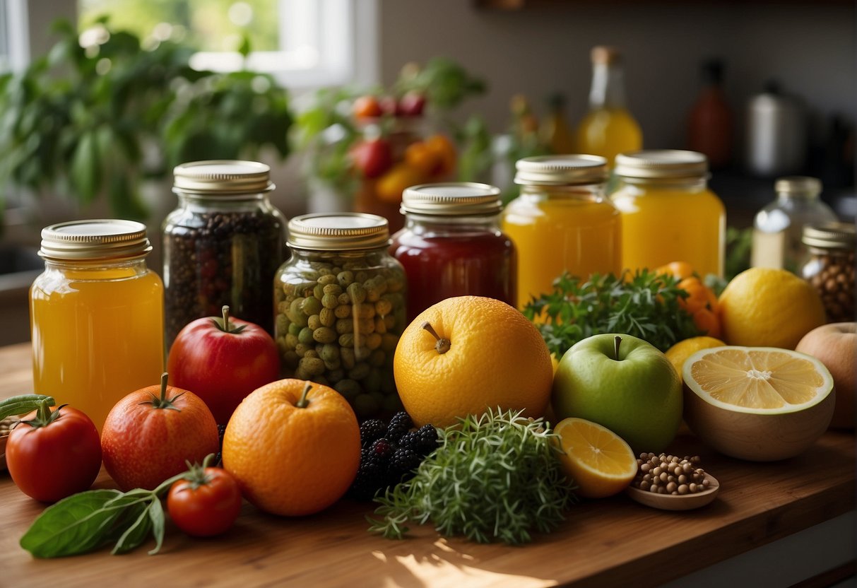 A colorful array of fresh fruits, vegetables, and herbs spread out on a kitchen counter, with jars of spices and bottles of oils nearby