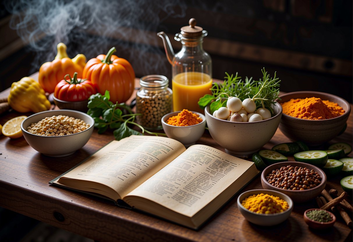 A table filled with fresh ingredients and a variety of spices, with a cookbook open to a page featuring Metabolism MetaBoost recipes