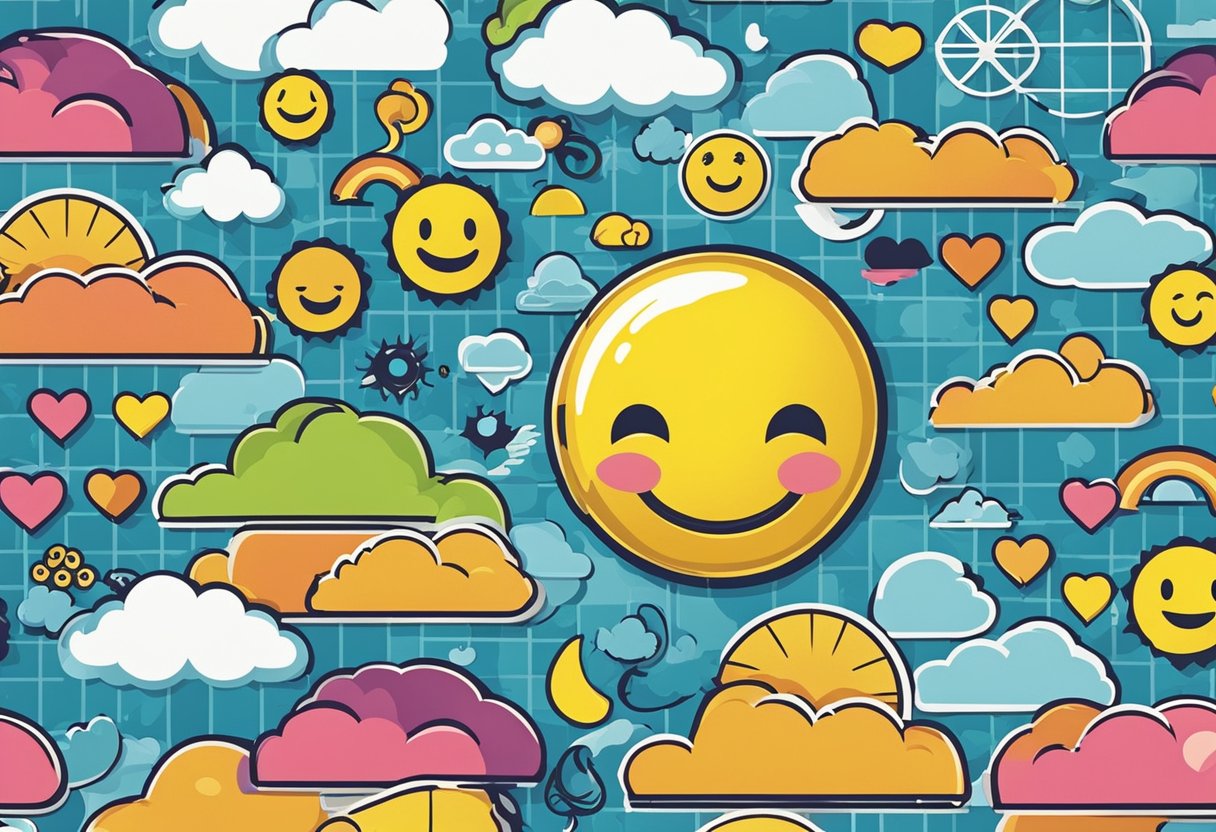 A colorful journal cover with emojis and weather icons. Inside, a grid with spaces for writing and coloring in different moods