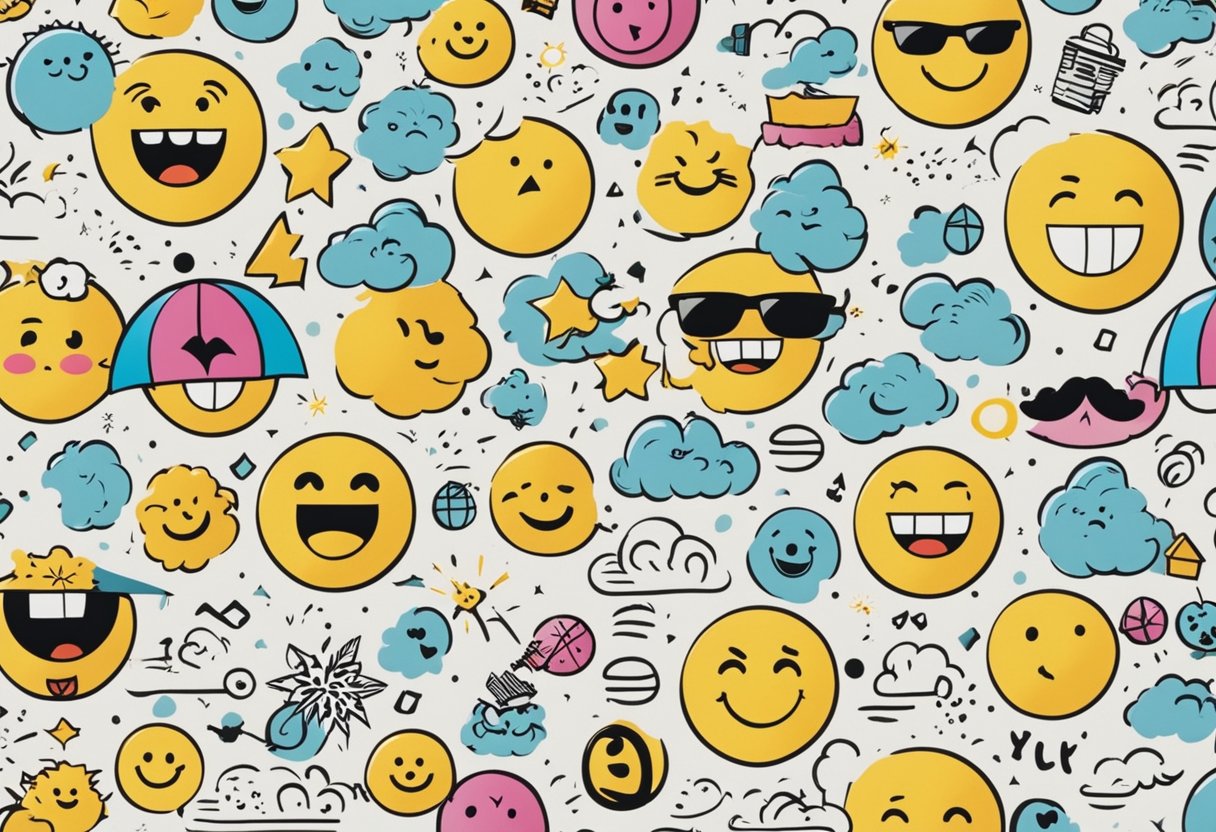 A colorful journal with mood faces and emoticons, surrounded by doodles of various activities and weather conditions