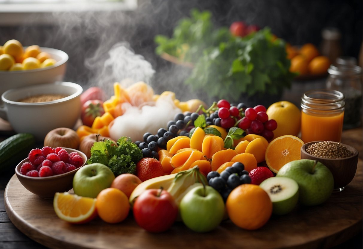 A table set with colorful, nutrient-rich foods, surrounded by vibrant fruits and vegetables, with steam rising from the dishes