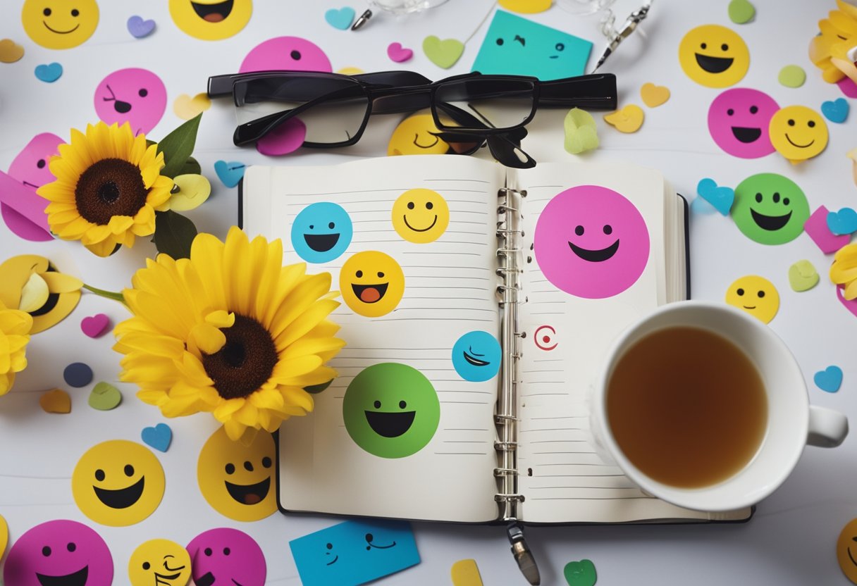 A colorful journal with mood emojis and space for daily entries on a desk with a pen and a cup of tea