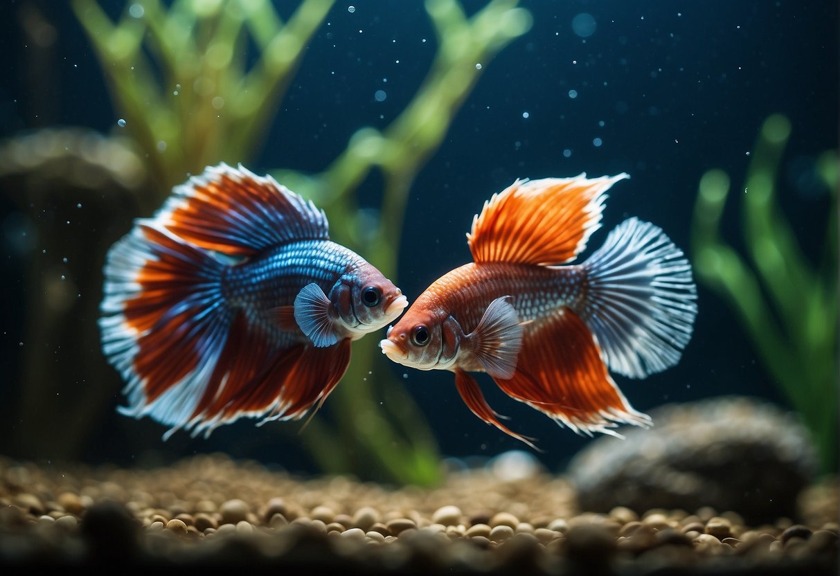 A male and female betta swim together in a peaceful, well-decorated aquarium, showing no signs of aggression towards each other