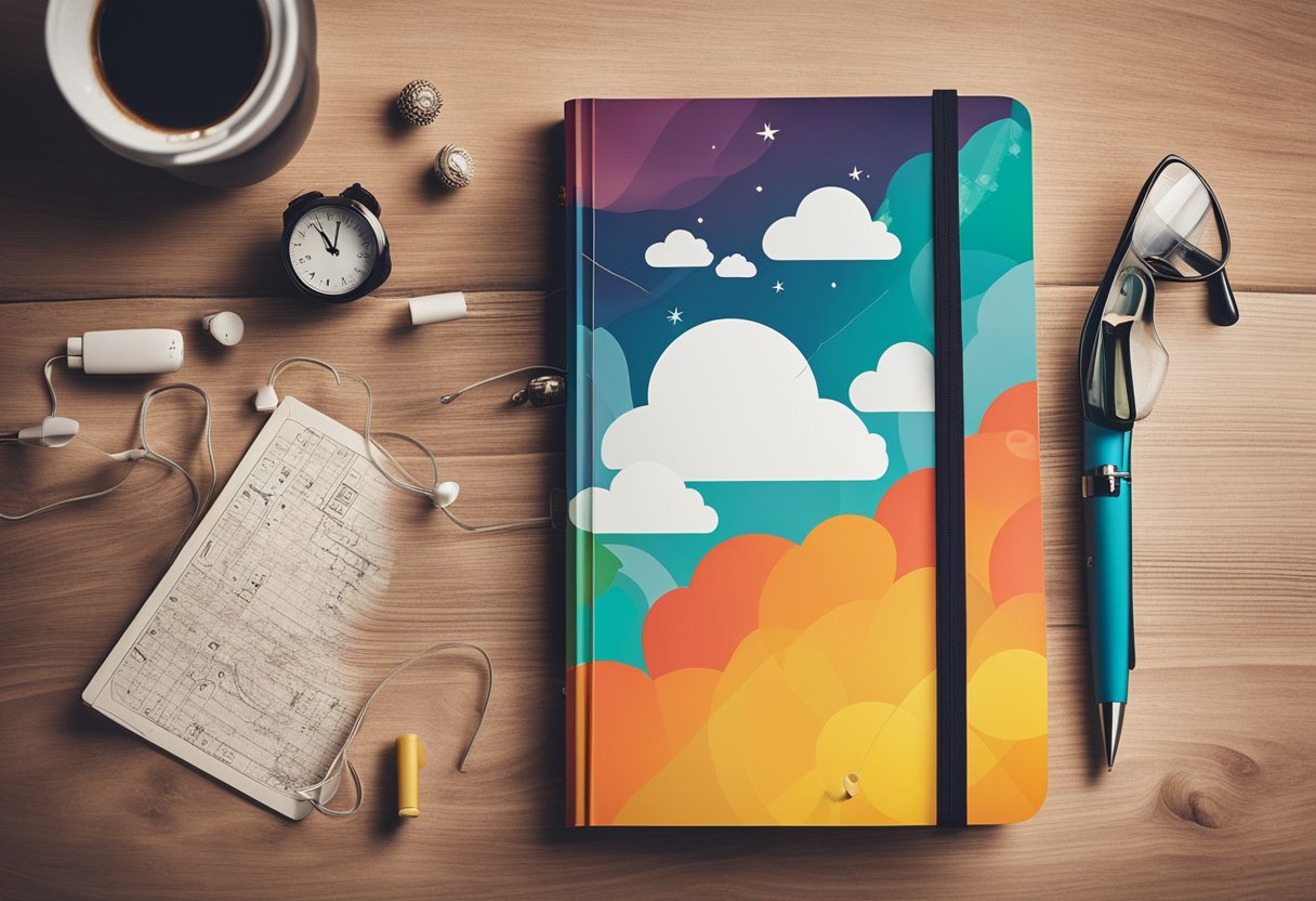 A colorful journal with labeled sections for tracking moods, filled with fun patterns and illustrations, surrounded by calming elements like clouds and sun rays