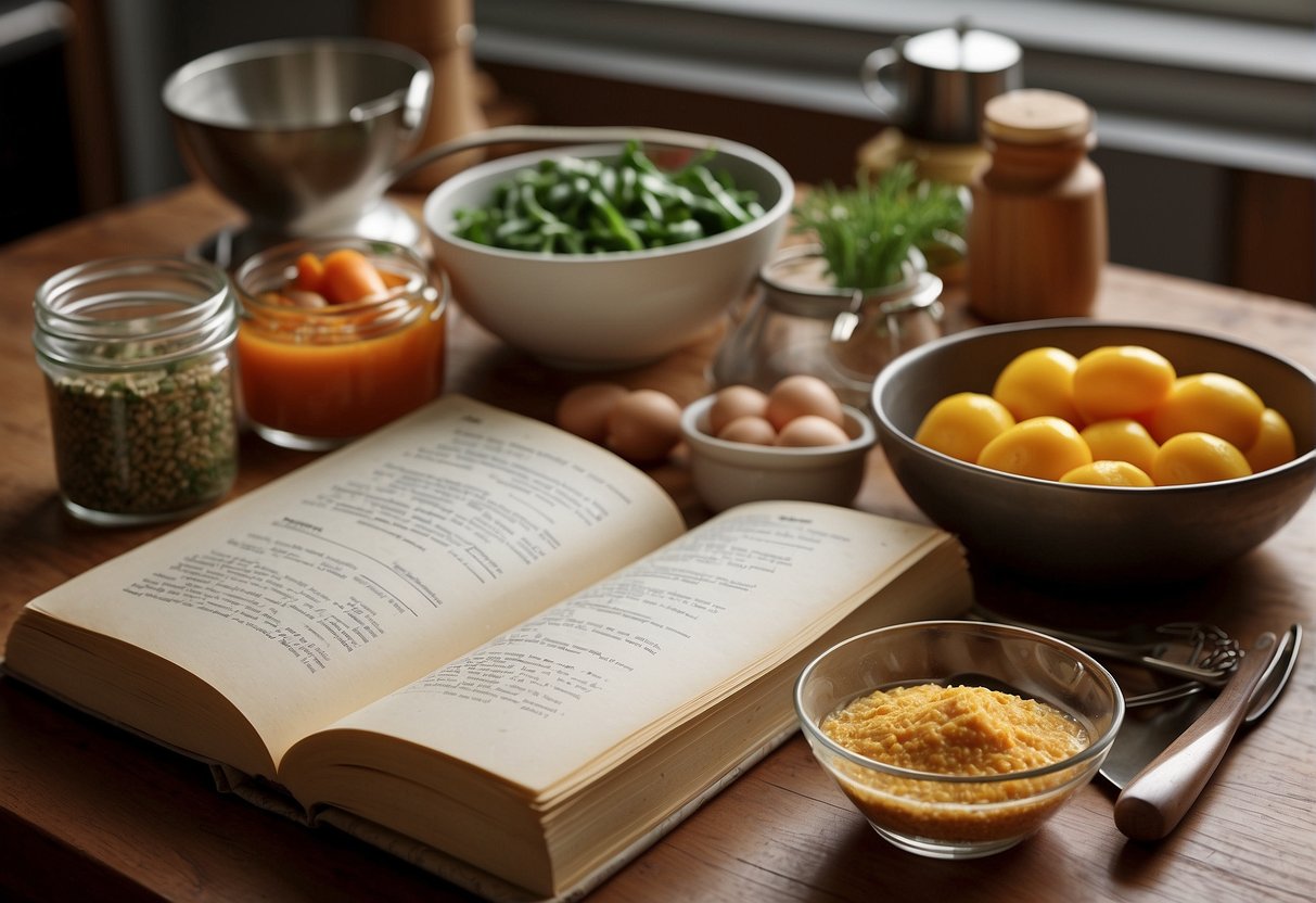 A variety of ingredients and cooking utensils are laid out on a kitchen counter, with a recipe book open to a page titled "Understanding the Risks MetaBoost recipes."