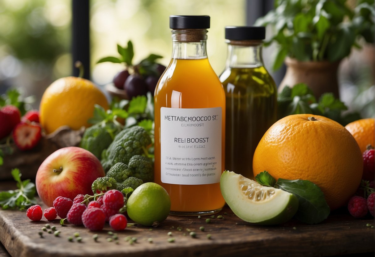 A colorful array of fresh fruits, vegetables, and herbs arranged around a vibrant bottle of MetaBoost elixir, with recipe cards scattered nearby