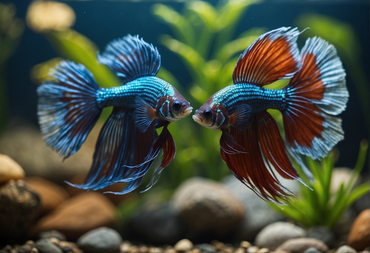 Two betta fish, one male and one female, swimming together in a vibrant and spacious aquarium, surrounded by colorful plants and rocks