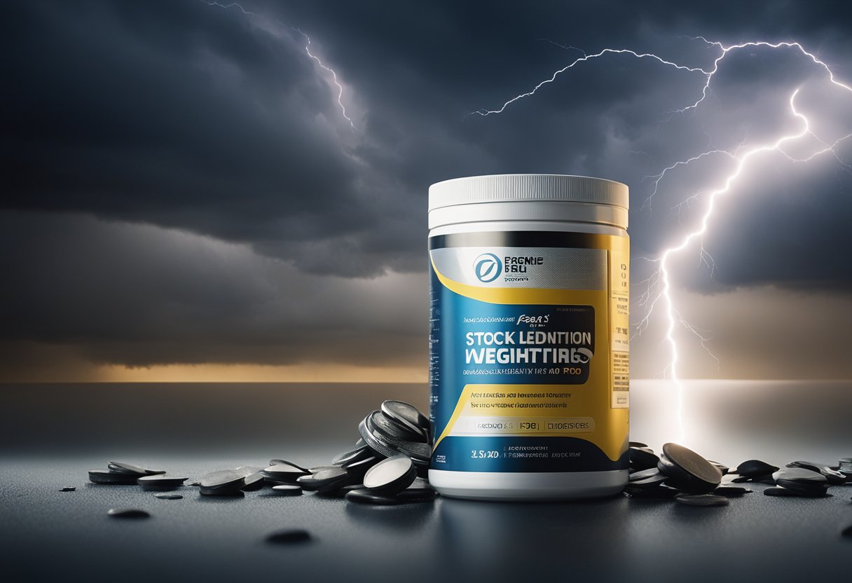 Fast Lean Pro revolutionizes weight loss industry. Stormy atmosphere, lightning strikes, and a tornado of weight loss products swirling around a central figure