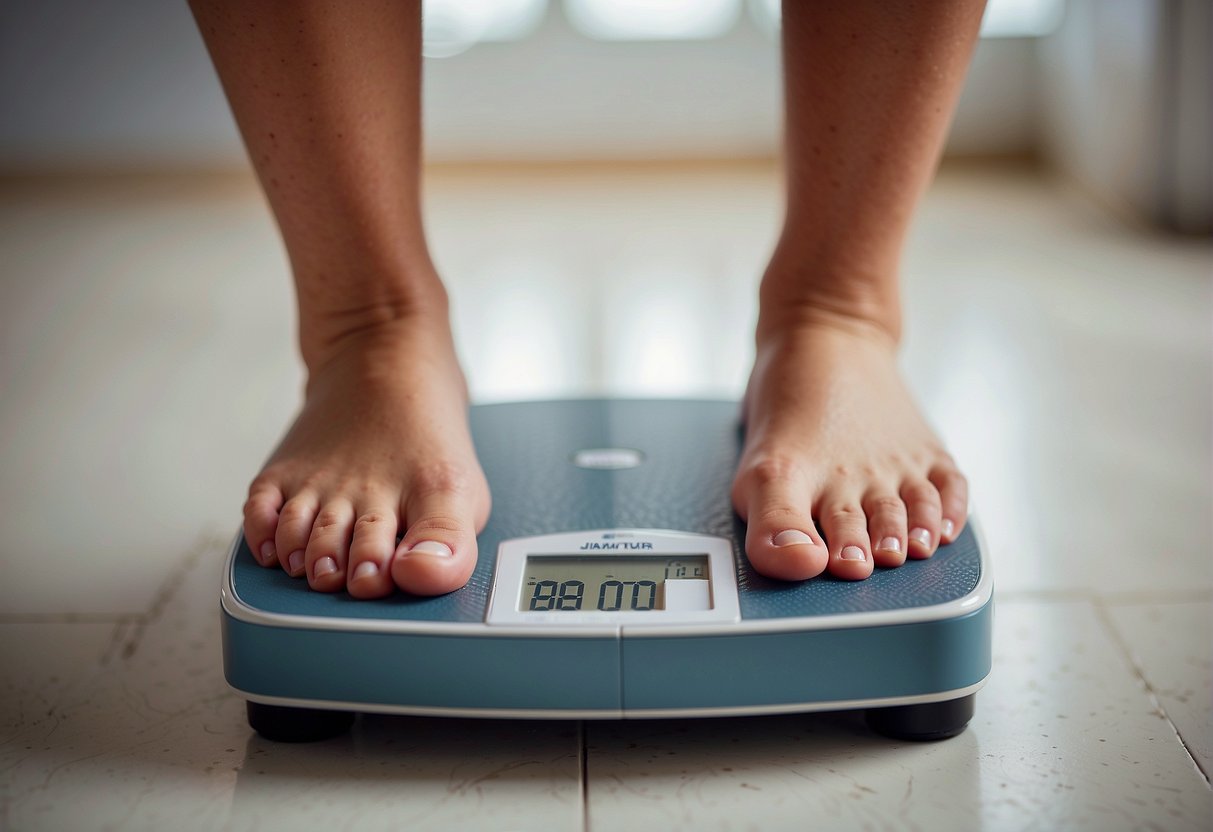 A person stepping on a scale, looking surprised at the rapid weight loss. Clothes hanging loose, measuring tape nearby