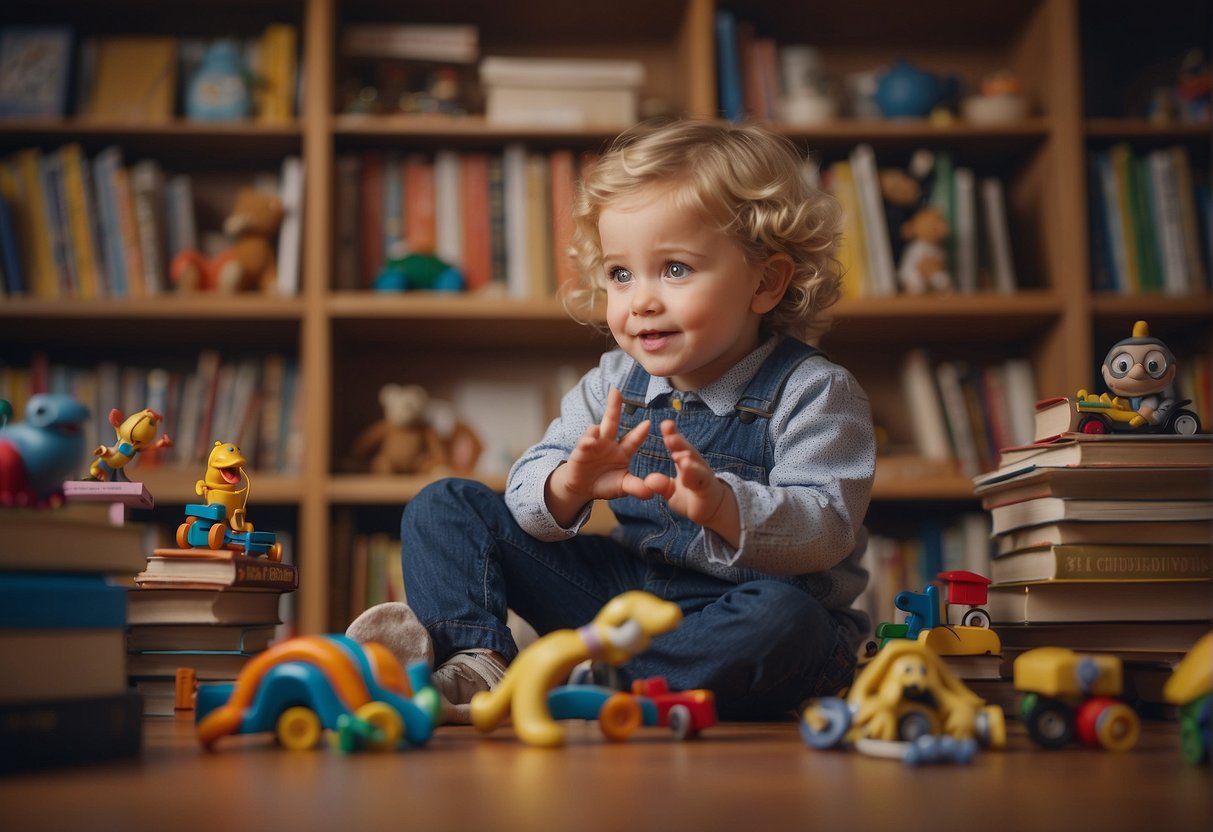 A young child surrounded by books and toys, pointing and babbling excitedly while an attentive adult listens and responds