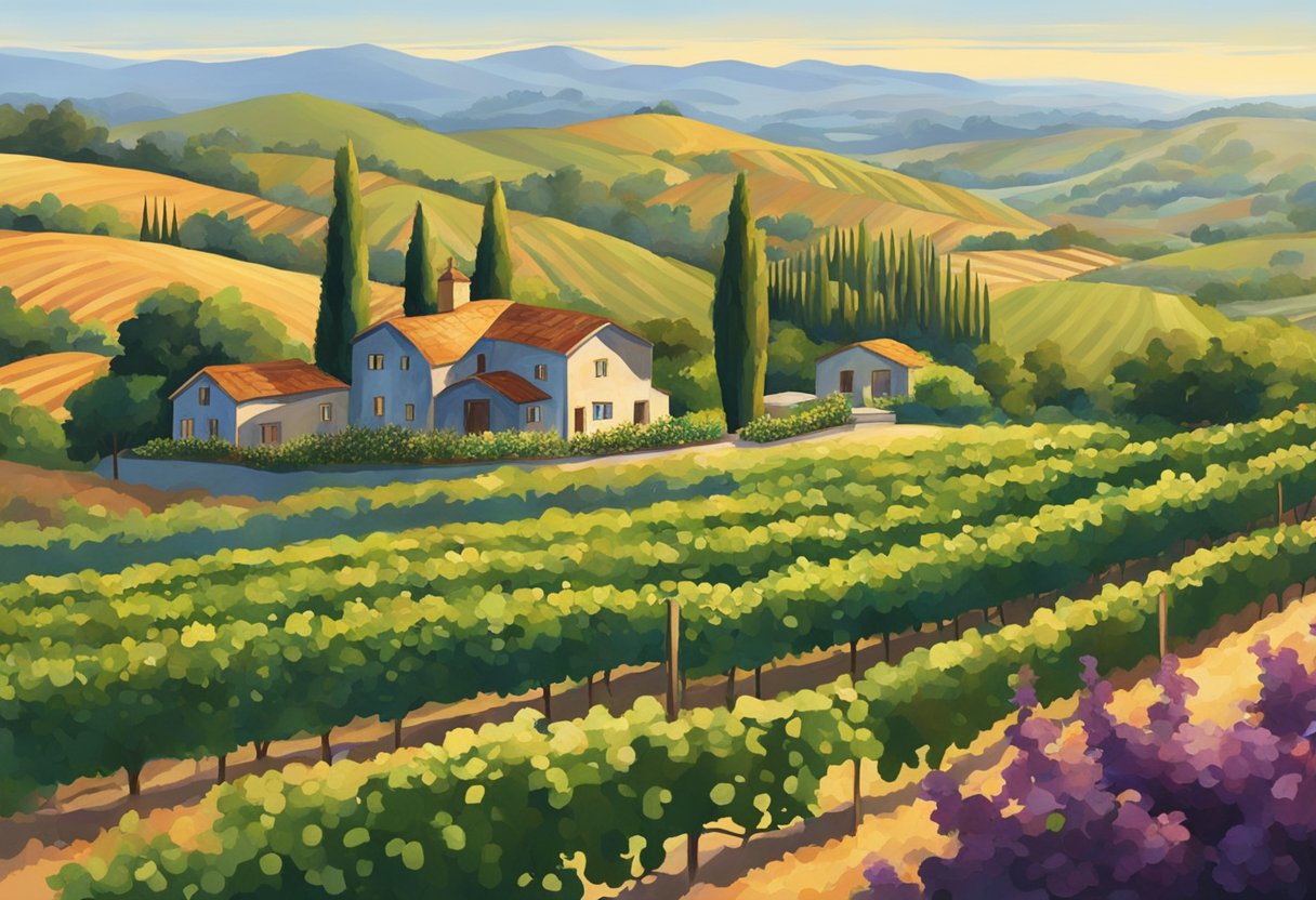Lush vineyards sprawl across rolling hills, basking in the warm sunlight of Sonoma Valley. A charming winery with rustic buildings and a tasting room overlooks the picturesque landscape