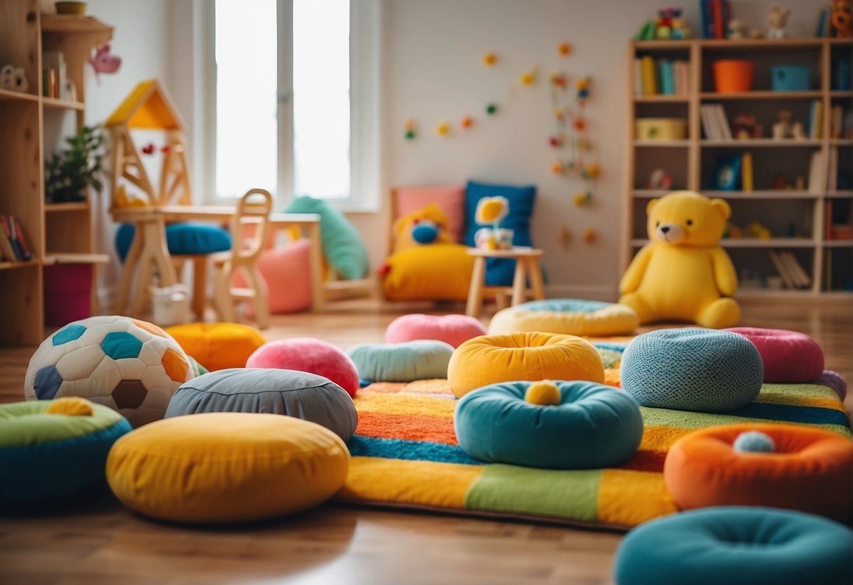 A colorful and inviting play area with various cushions and toys arranged to encourage sitting and playing. Bright, cheerful colors and soft textures create a welcoming environment for young children to practice their sitting skills