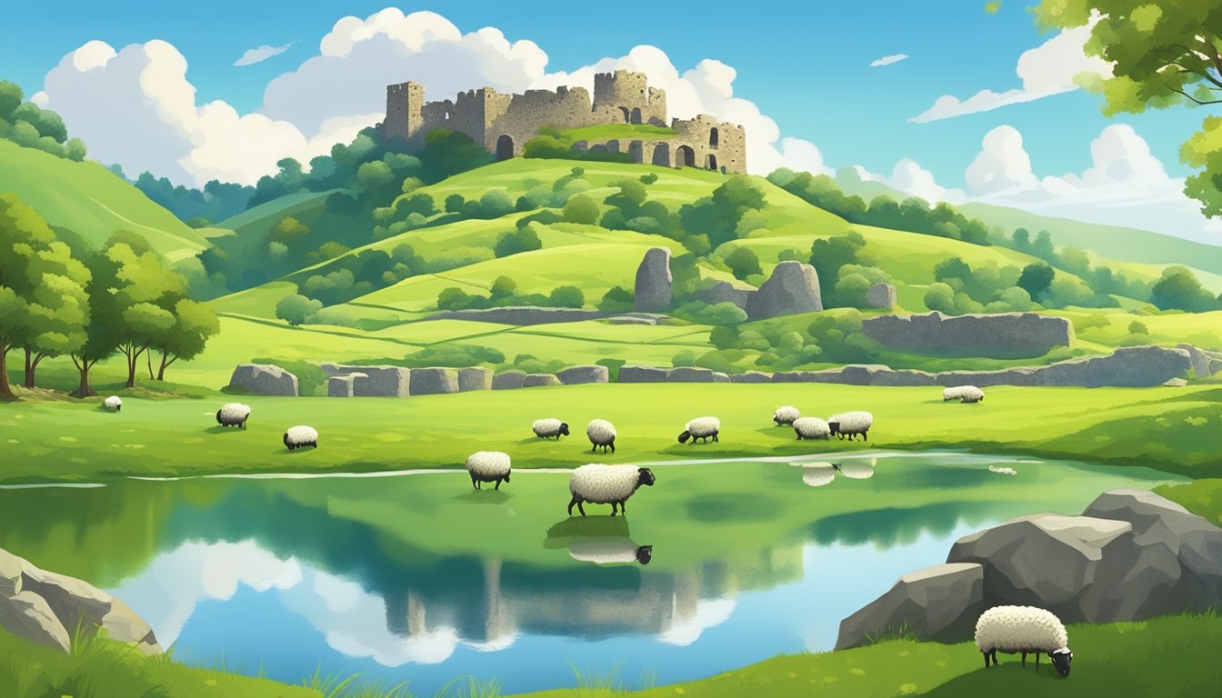 Rolling green hills dotted with grazing sheep, shimmering lakes reflecting the clear blue sky, and ancient stone ruins nestled among lush forests