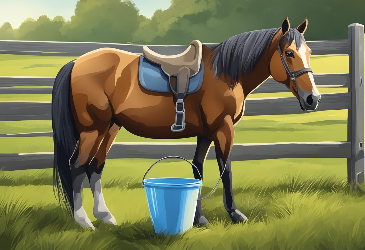 A horse standing in a spacious, grassy pasture, with a salt lick and fresh water nearby. A bucket of balanced feed sits in the corner of the fence