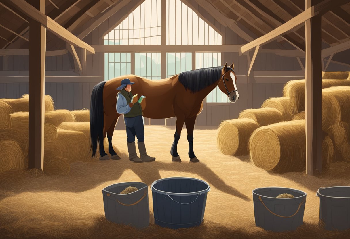 A horse stands in a spacious, well-lit barn, surrounded by bales of hay, bags of feed, and water troughs. A person is filling a bucket with measured amounts of feed and supplements