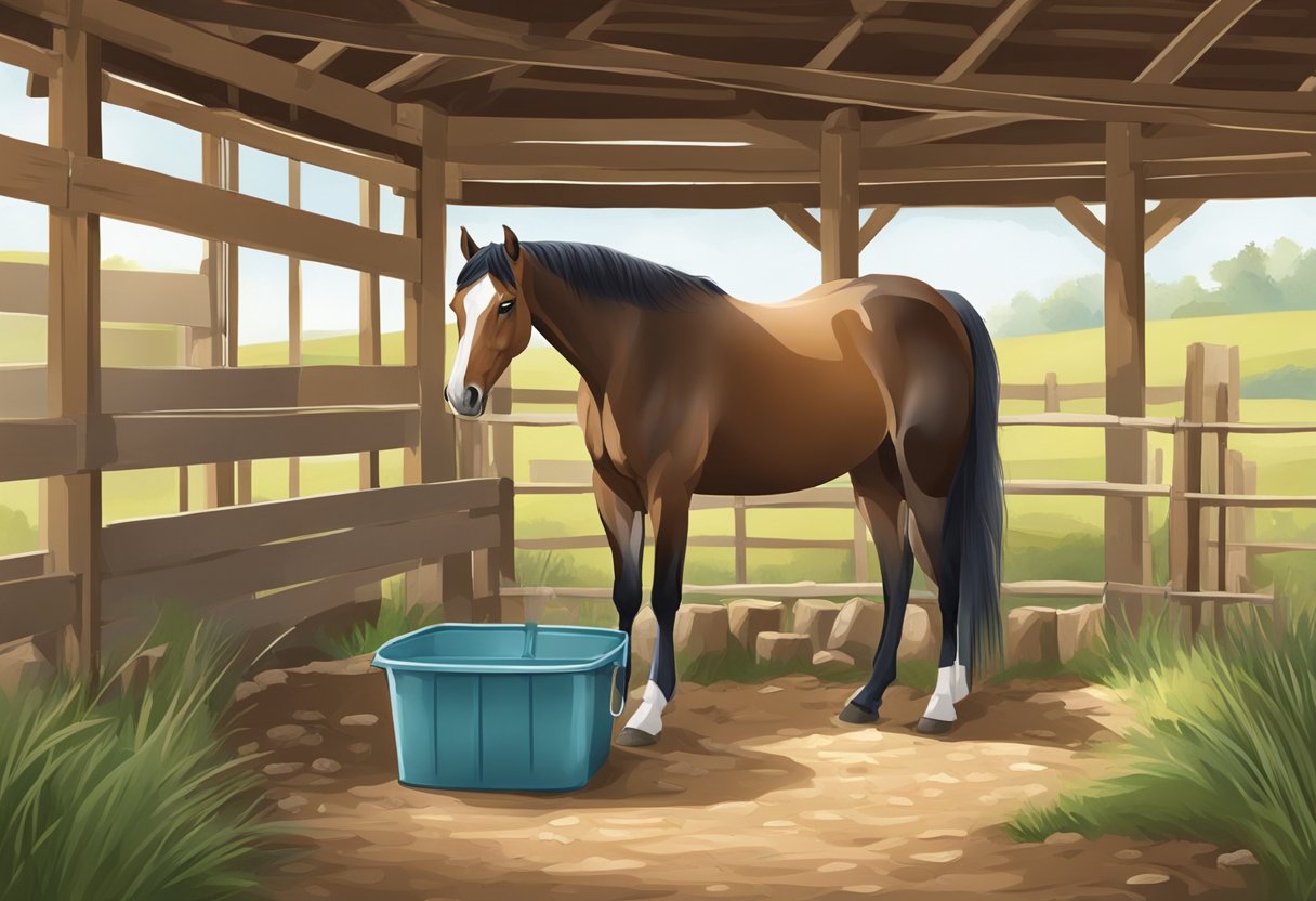 A horse stands in a spacious, clean stall, munching on fresh hay from a large, sturdy feeder. A bucket of clean water is within easy reach, and the horse is relaxed and content as it eats