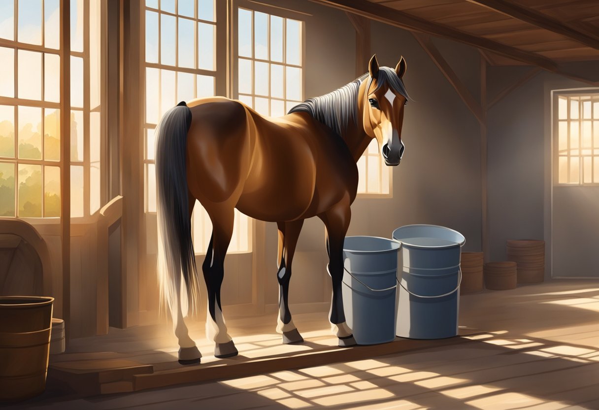 The horse stands in a spacious, clean stable, eagerly eating from a large bucket of high-quality feed. The sunlight streams in through the open window, casting a warm glow on the scene