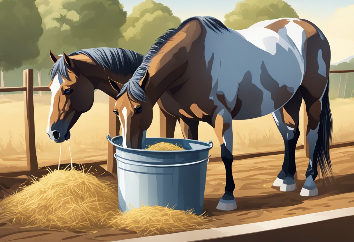 A horse eating from a clean, elevated feed bucket with ample hay and fresh water nearby