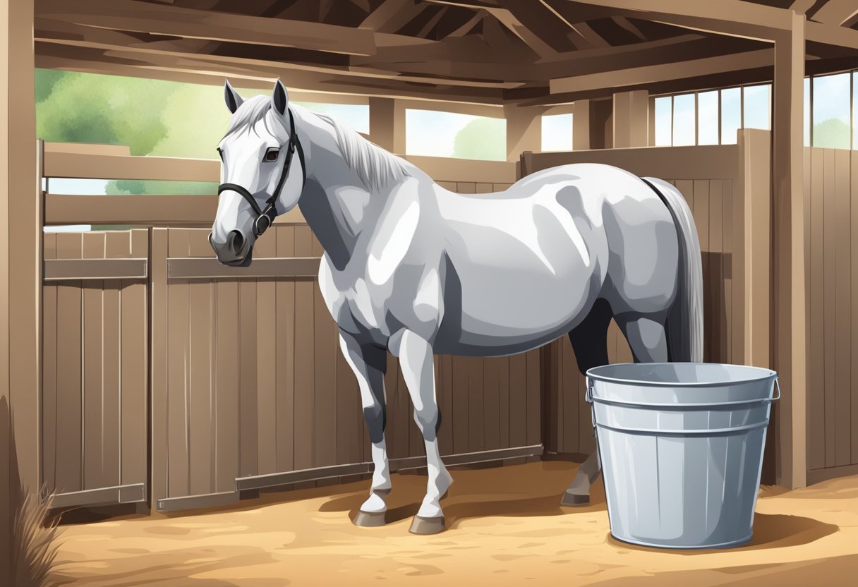 A horse standing in a clean, spacious stall, eating from a full feed bucket. Fresh water is available nearby. Hay is neatly stacked in a corner