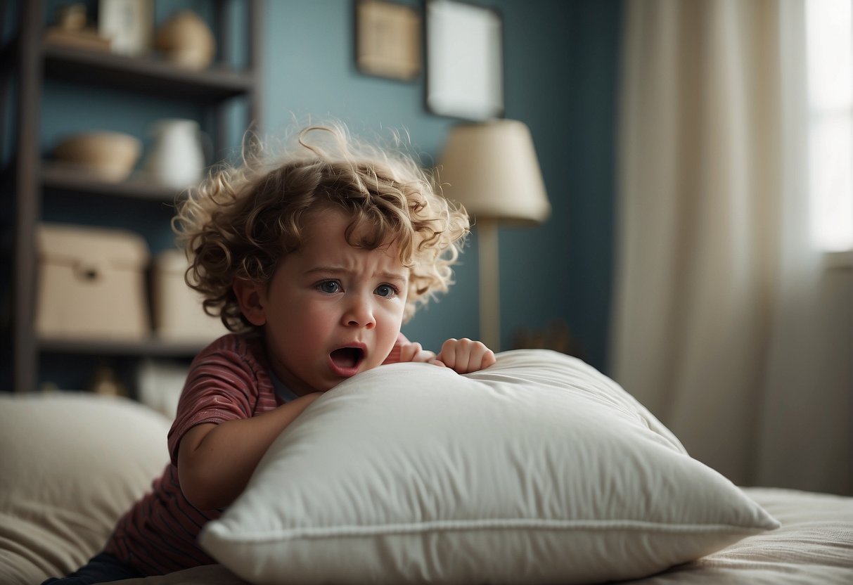 A child hitting a pillow in frustration with a scrunched-up face and clenched fists