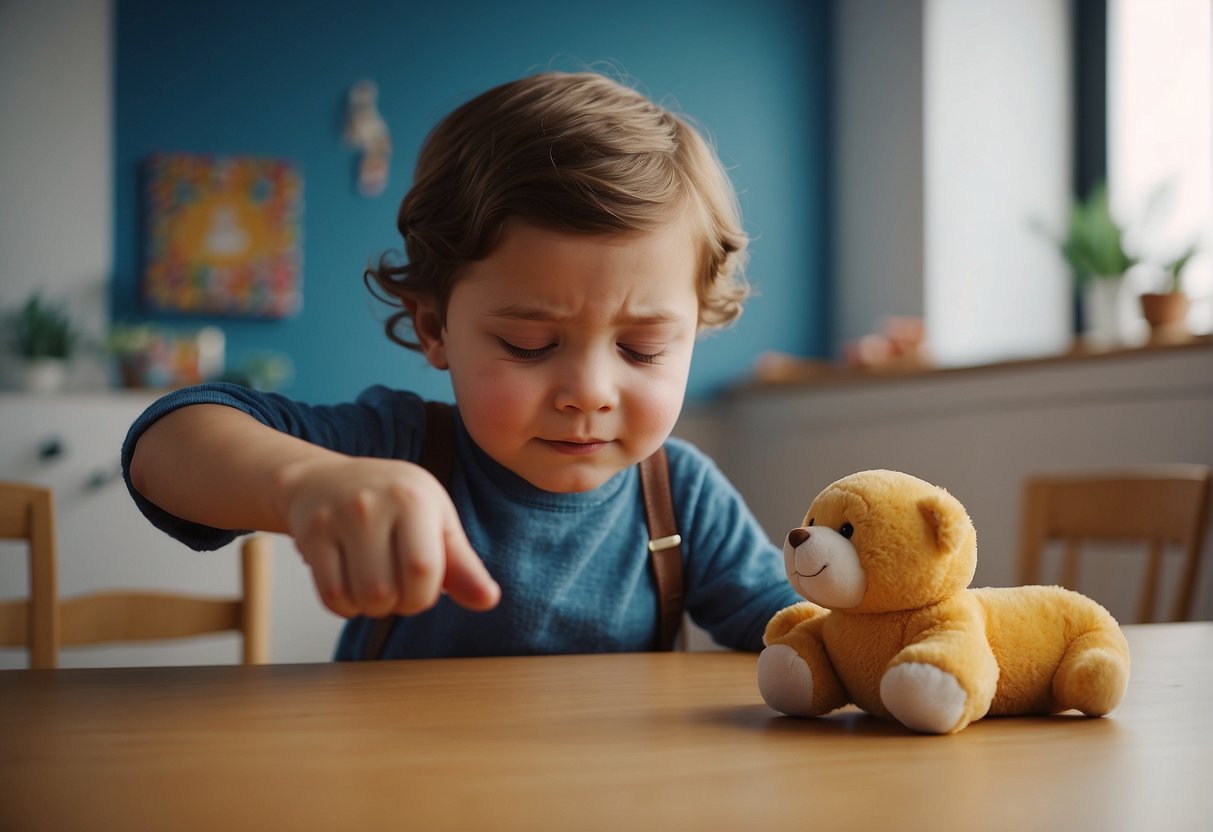 A child with a frown hits a table. An adult approaches calmly and kneels to the child's eye level, offering a soft toy and speaking gently