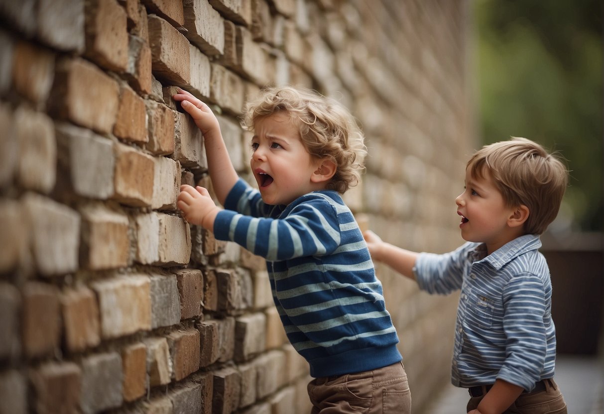 A child hitting a wall in frustration, with a puzzled adult looking on