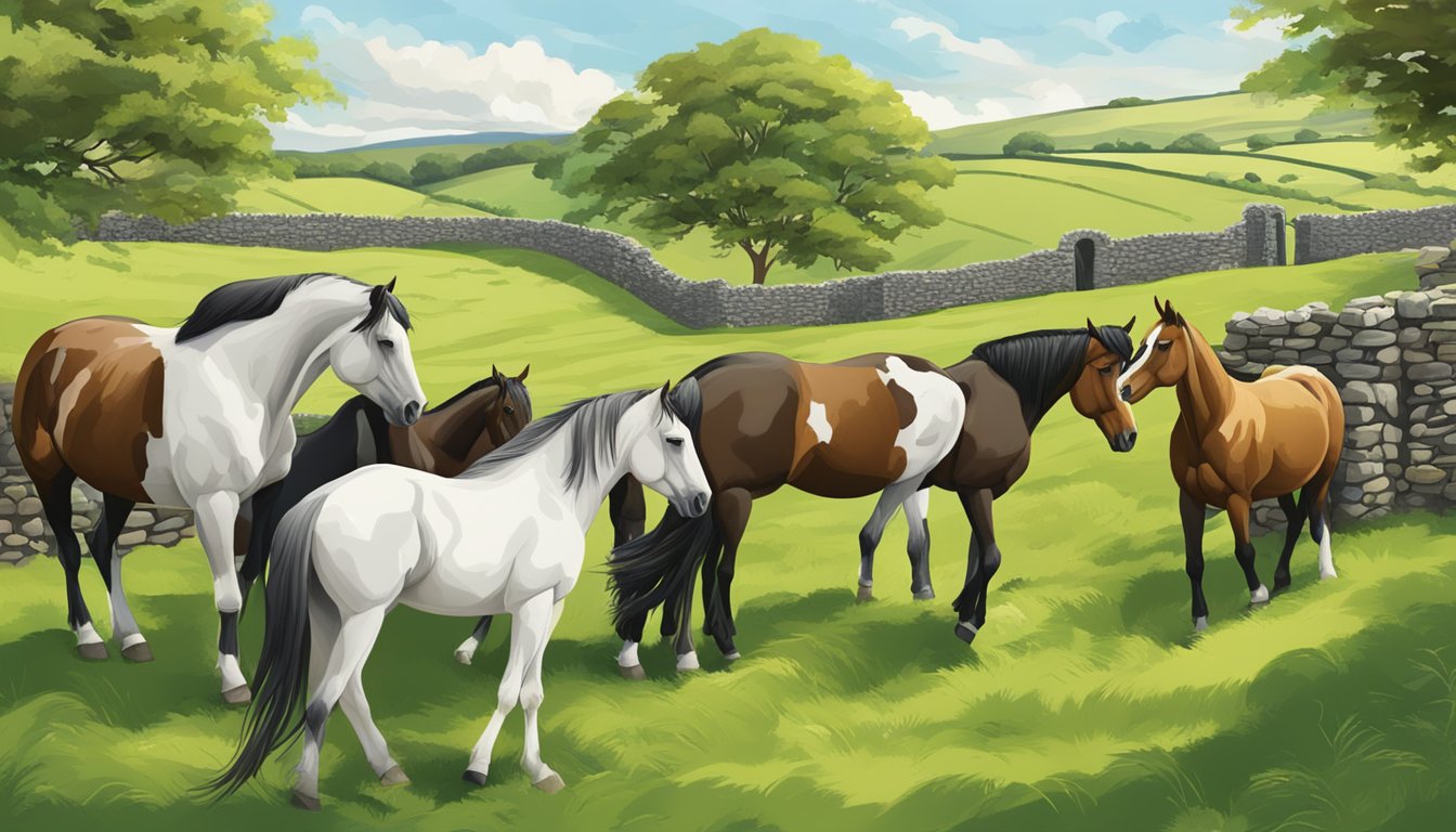 A herd of diverse horse breeds grazes peacefully in the lush green pastures of Ireland's Midlands, with ancient stone walls and rolling hills in the background