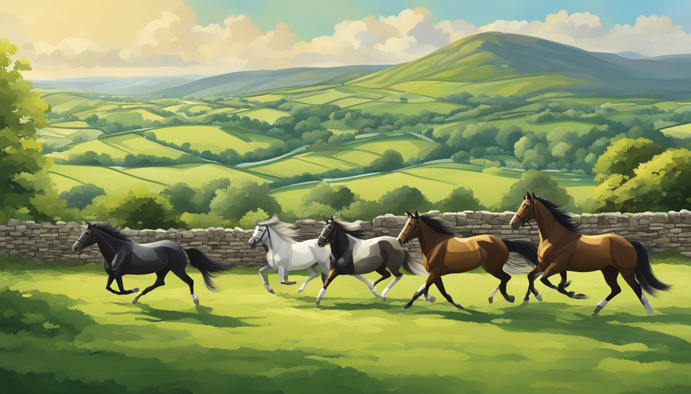 Horses galloping through lush green fields, surrounded by traditional Irish stone walls and rolling hills. A backdrop of historic equestrian events and competitions