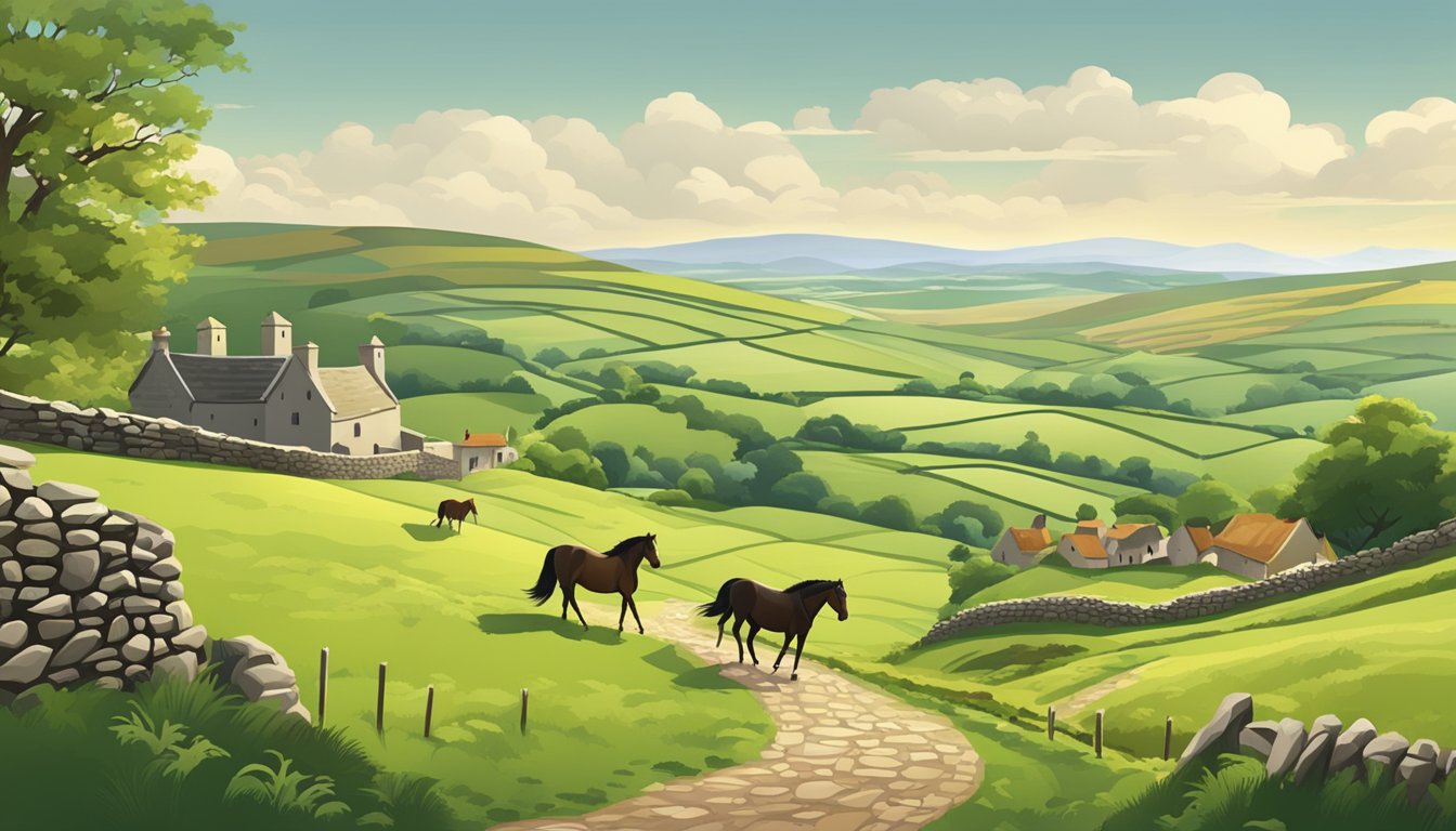 Rolling green hills dotted with grazing horses, winding trails bordered by ancient stone walls, and a quaint Irish village in the distance