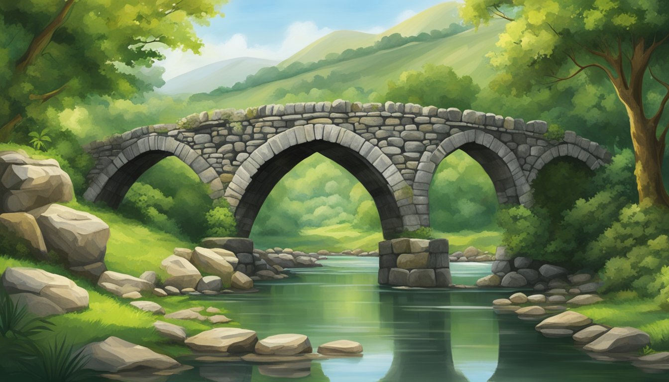 A stone bridge arches over a tranquil river, surrounded by lush greenery and ancient ruins, evoking the rich history and beauty of Ireland
