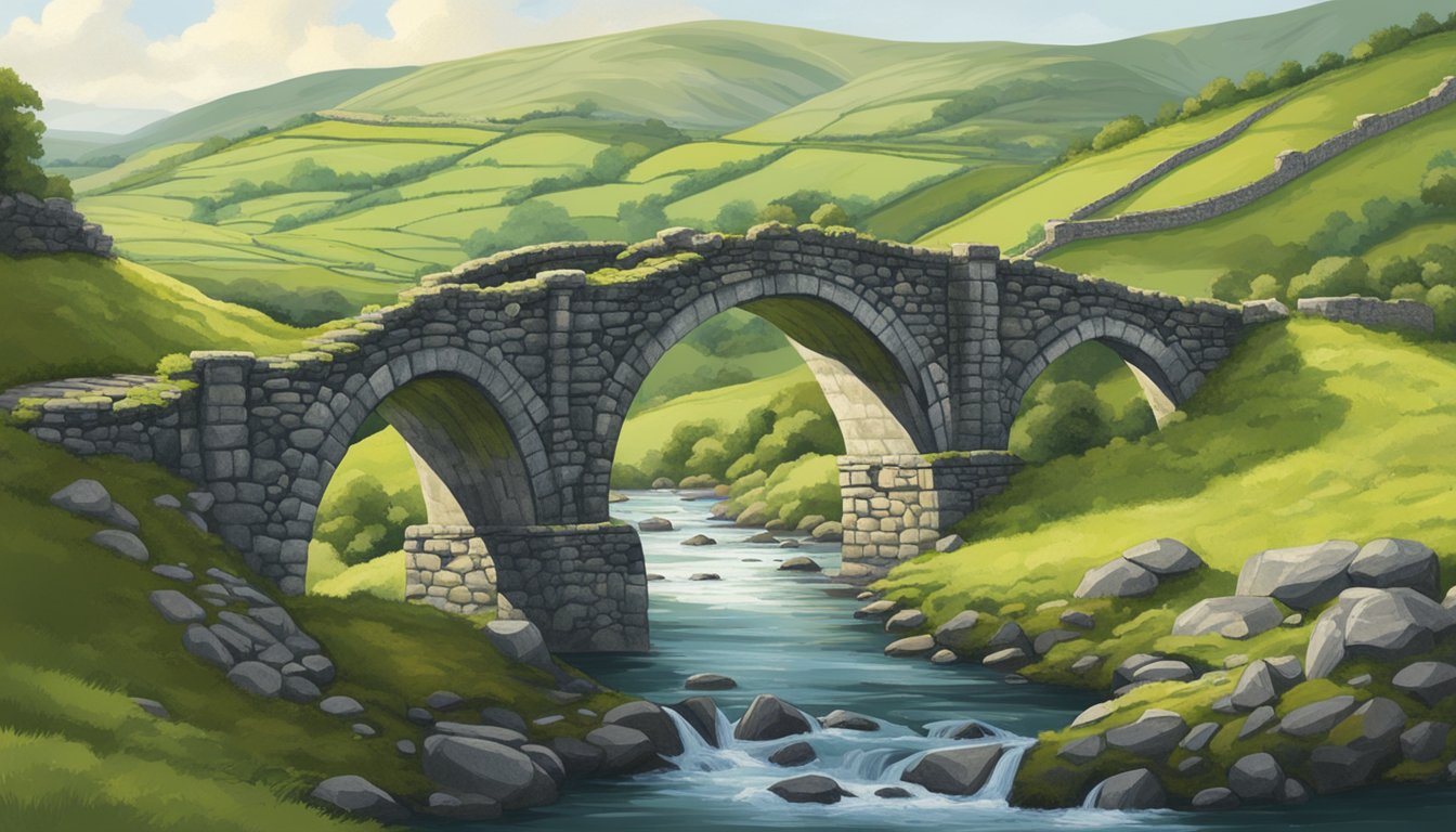 A stone bridge arches over a rushing river, its weathered surface adorned with moss and lichen. Surrounding green hills and ancient ruins hint at the bridge's historical significance in Ireland's landscape