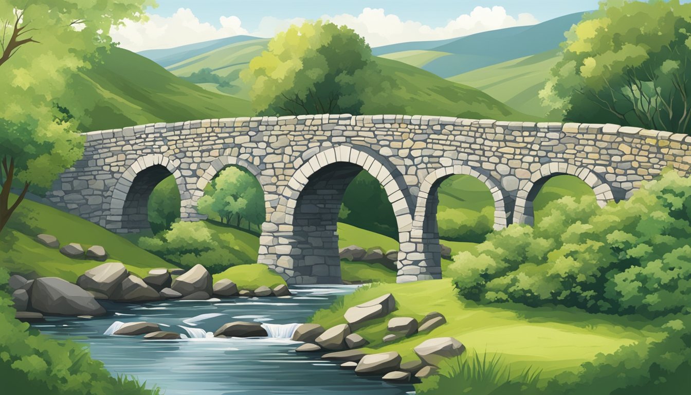A stone bridge arches over a tranquil river, surrounded by lush greenery and rolling hills. The bridge showcases Ireland's unique architectural styles and historical significance