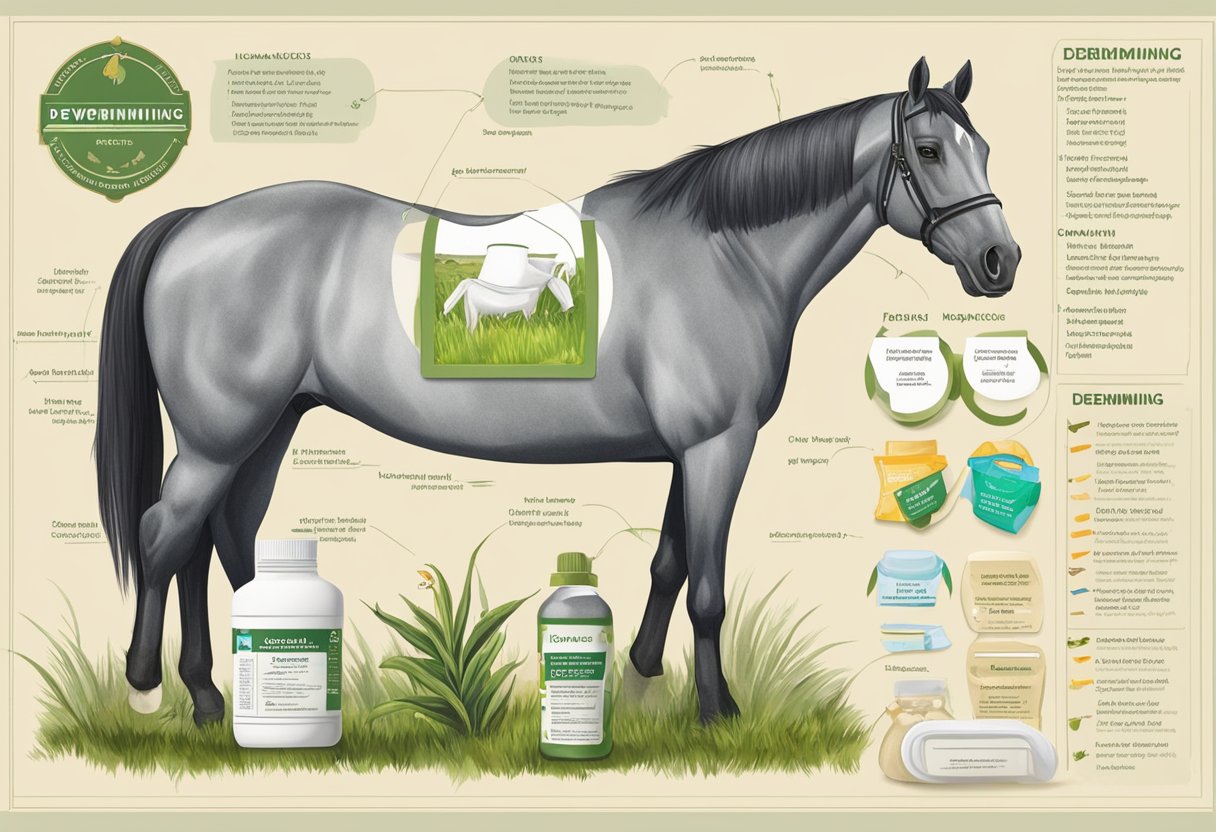 A horse standing in a lush pasture, with a deworming schedule chart and various deworming products displayed nearby