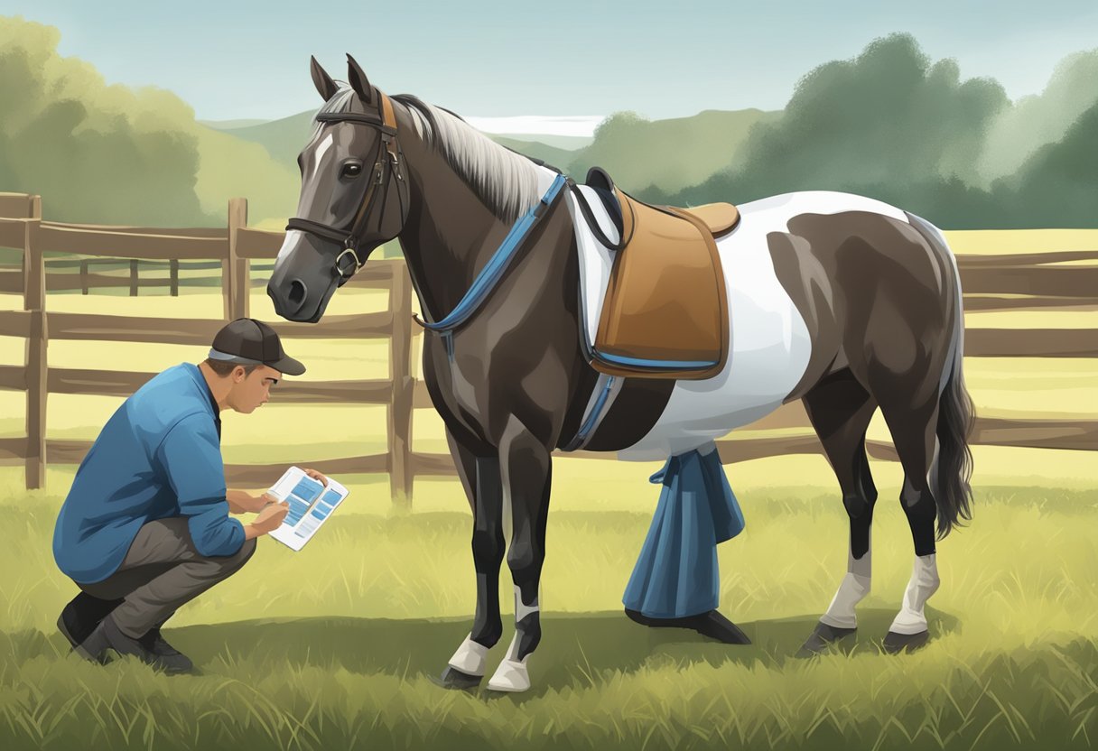 A horse standing in a pasture, with a veterinarian or caretaker holding a deworming medication and assessing the horse's condition