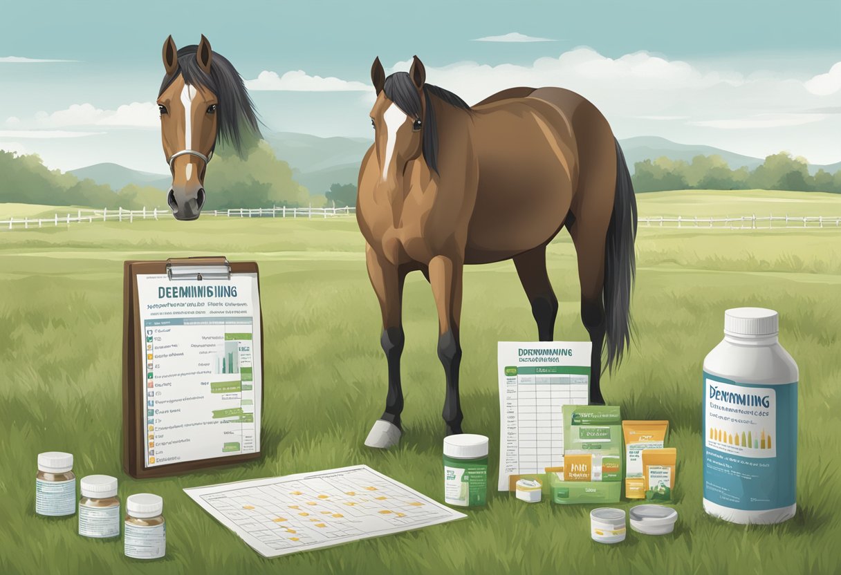 A horse standing in a grassy field, with a deworming schedule chart and various deworming products displayed nearby