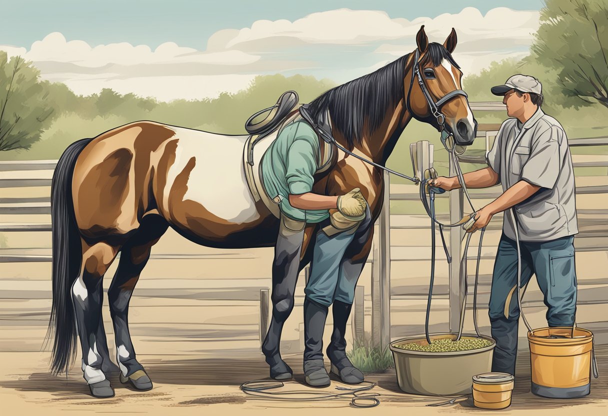 A horse being dewormed with various types of dewormers