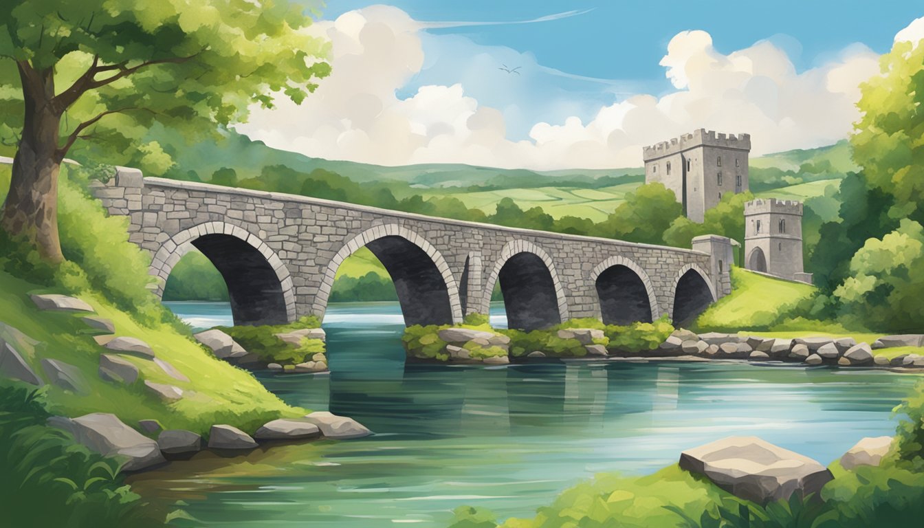A stone bridge spans a tranquil river, surrounded by lush greenery and ancient architecture, showcasing Ireland's rich history and distinctive charm