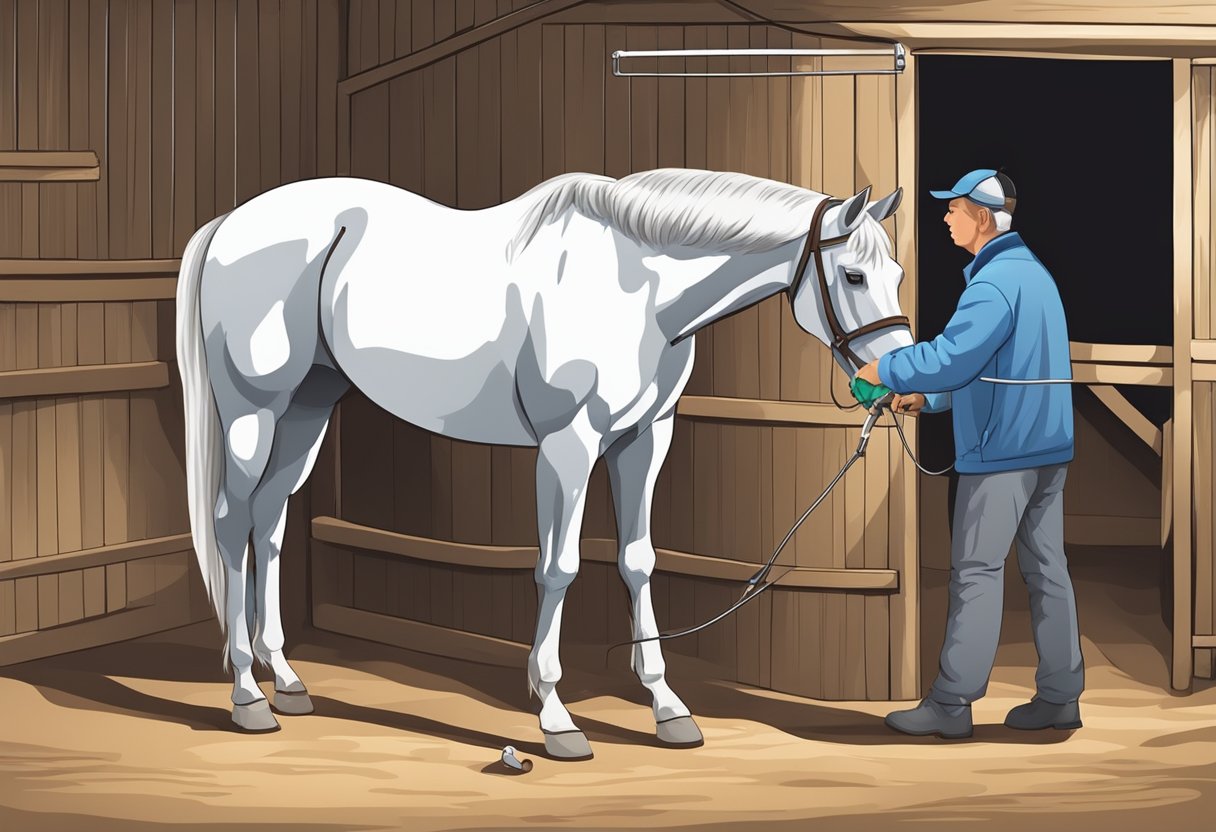 A veterinarian administers dewormer to a horse in a stable setting. The horse stands calmly as the dewormer is given orally or through an injection