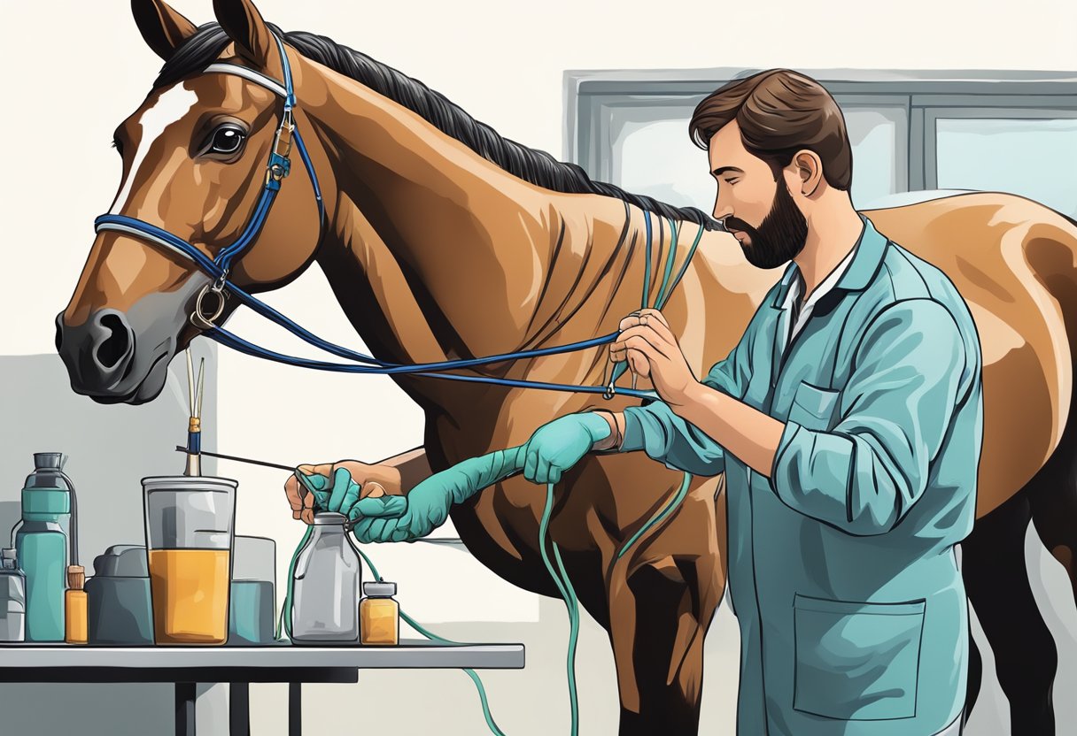 A horse being dewormed by a veterinarian with a syringe, while the owner holds the horse's lead rope