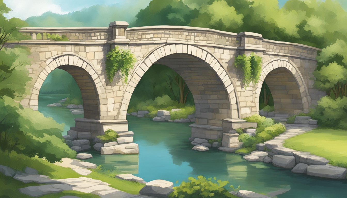 Ancient stone bridge arches span a tranquil river, surrounded by lush greenery and historic landmarks