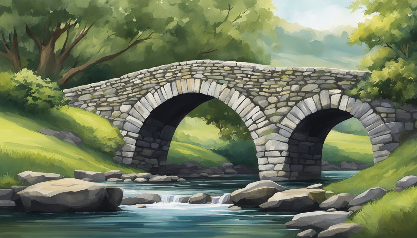 A stone bridge spans a tranquil river, blending seamlessly into the lush Irish countryside. Its weathered stones tell the story of centuries past, standing as a testament to Ireland's rich history and enduring craftsmanship