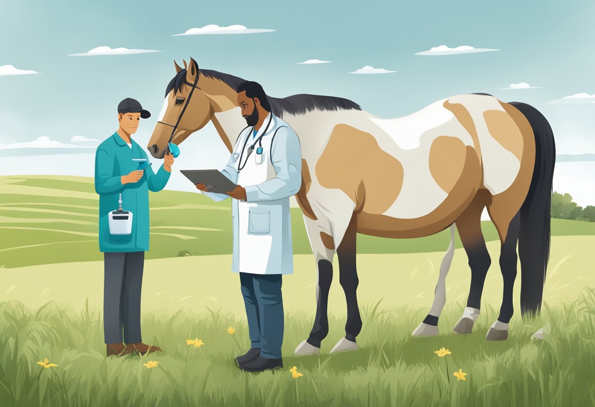 A horse standing in a pasture, with a veterinarian or caretaker holding a deworming medication and a scale to weigh the horse. The scene shows the process of monitoring and adjusting protocols for deworming