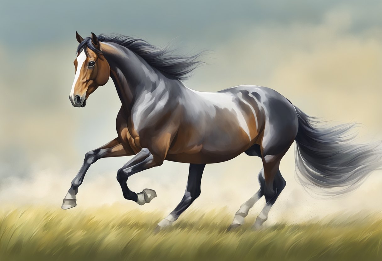 A horse trots freely in a spacious pasture, its head held high and ears alert. Its gait is smooth and steady, showing signs of good health and vitality