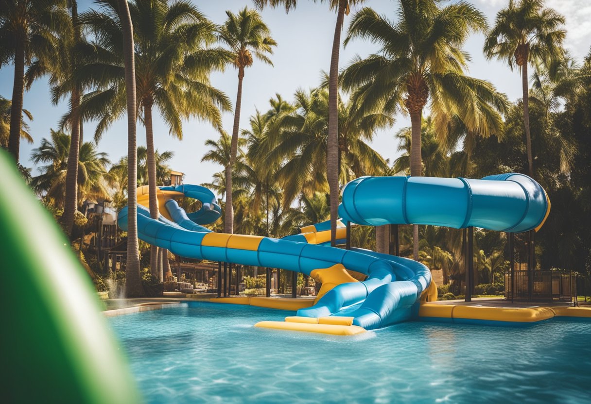 Children playing on a water slide with lifeguards nearby. Signs display safety guidelines. Rental company logo visible. Palm trees in the background