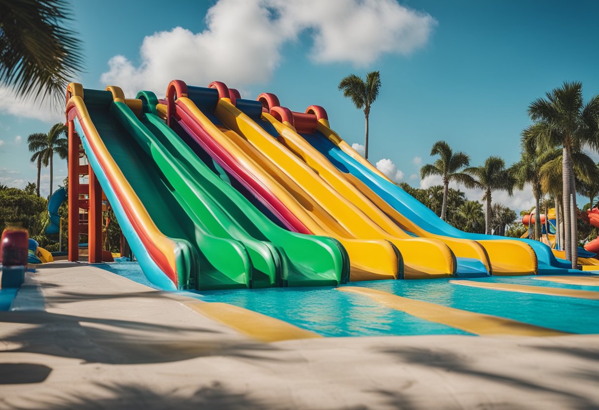 Children laughing and sliding down colorful water slides at a rental in West Palm Beach